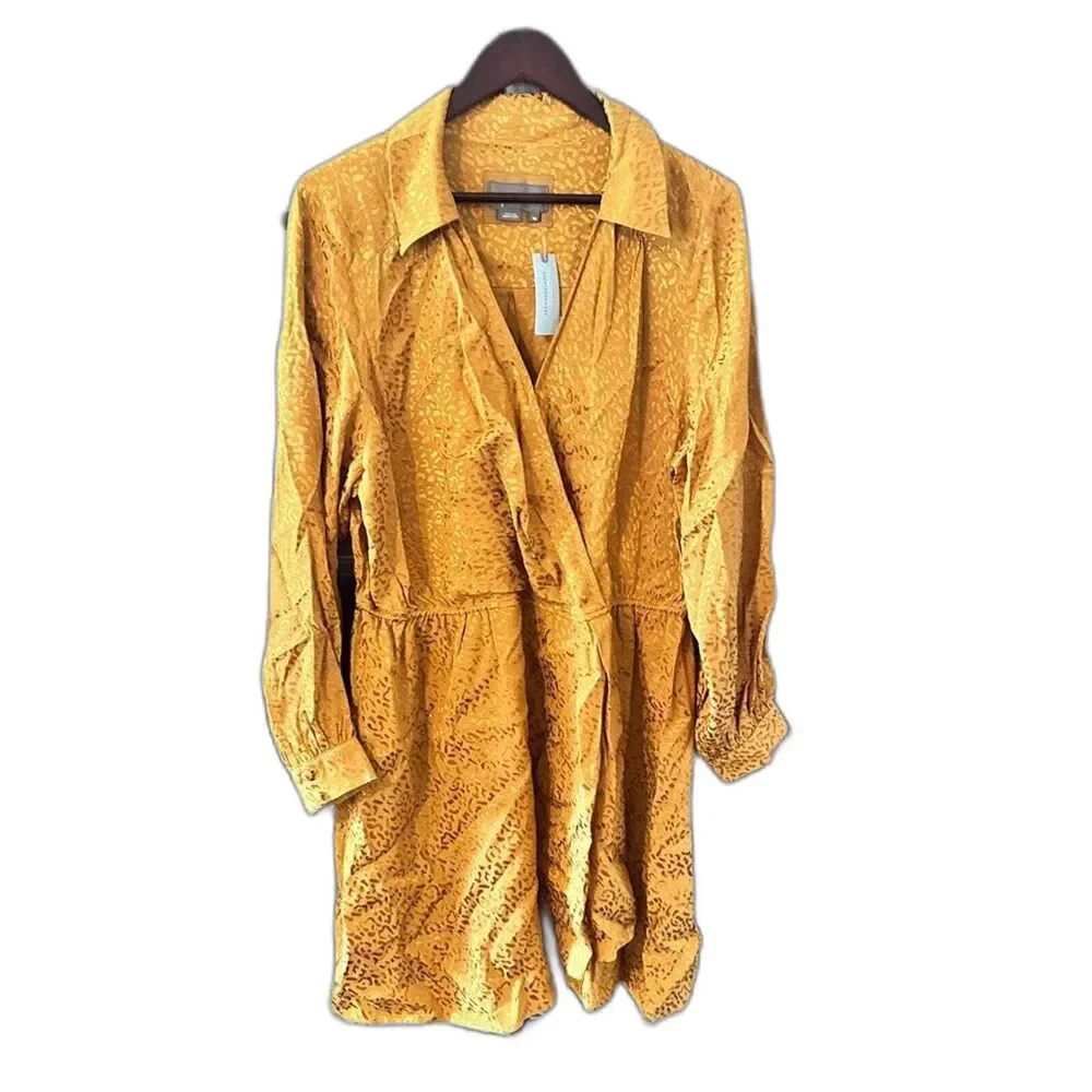 Anthropologie Wrap Shirt Dress 1X Plus Long Sleeve Boho Cocktail Chic Gold
